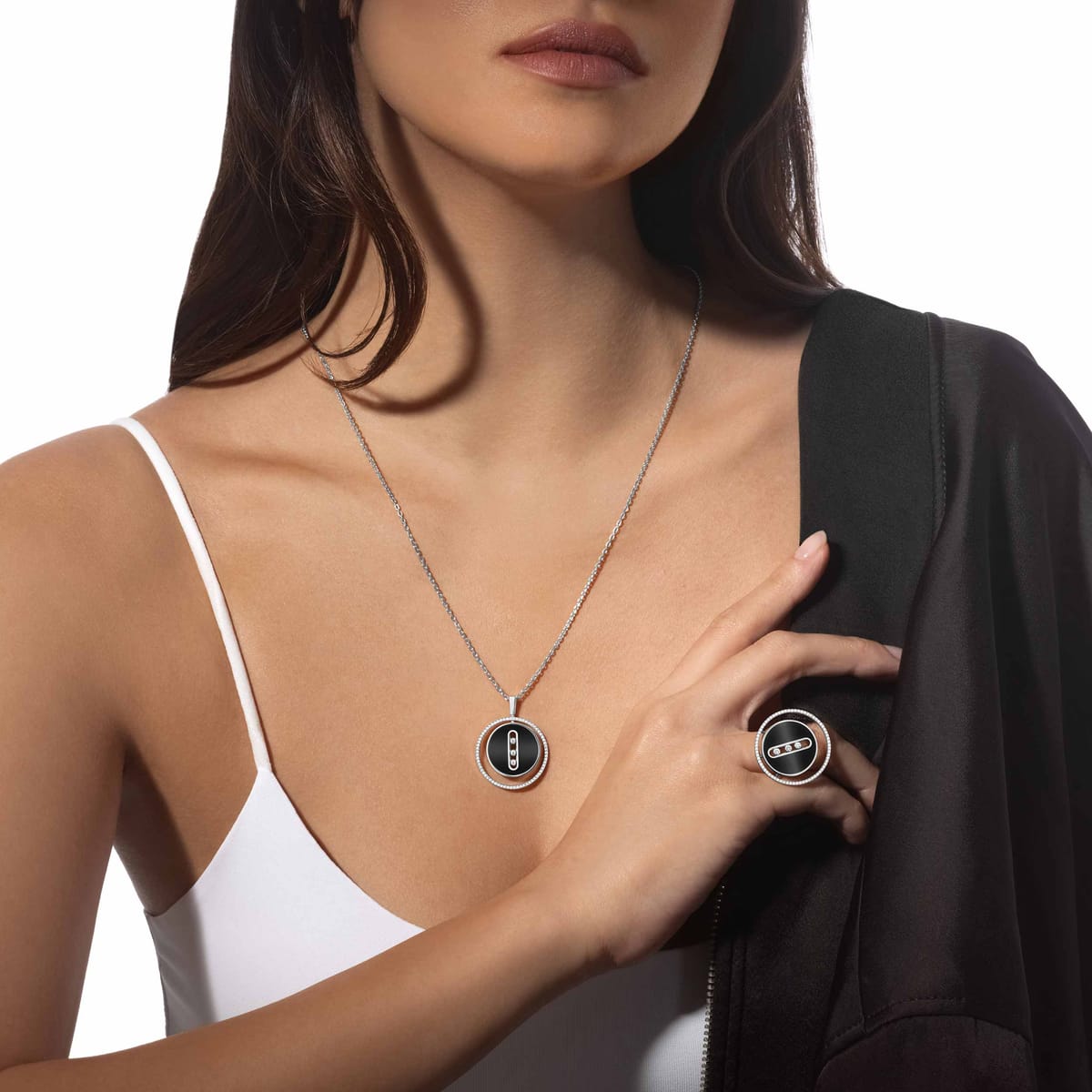Collier Femme Or Blanc Diamant Collier onyx or blanc Lucky Move MM 10838-WG
