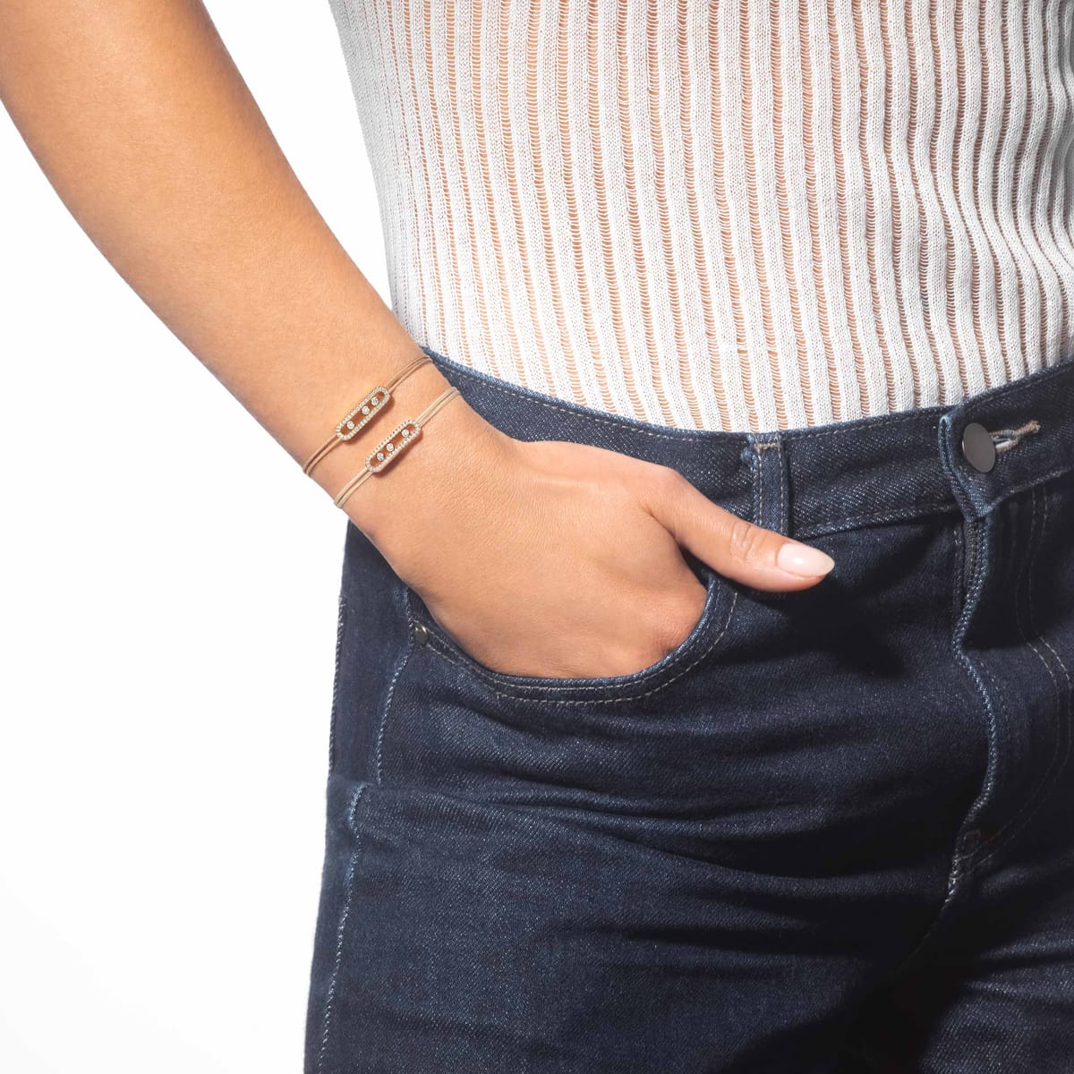 Bracelet Femme Or Jaune Diamant Bracelet cordon beige pavé Messika Care(s) 14102-YG